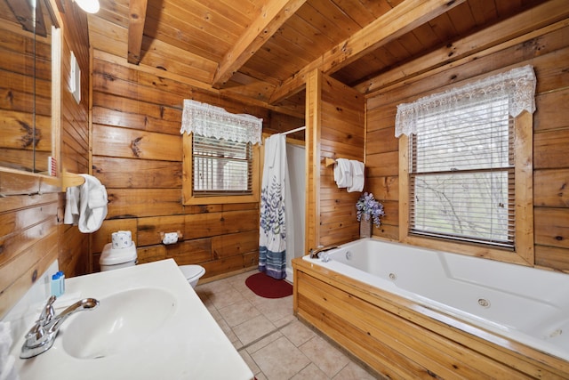 bathroom with wooden walls, wooden ceiling, beam ceiling, and a sink