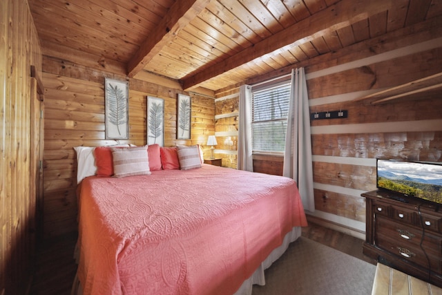 bedroom with wood walls, rustic walls, wood ceiling, beam ceiling, and wood finished floors
