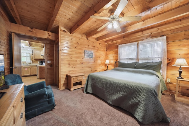 bedroom featuring wooden ceiling, light carpet, wooden walls, and beamed ceiling