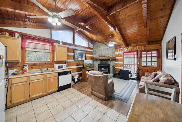 kitchen with white appliances, wooden ceiling, a sink, a ceiling fan, and a stone fireplace