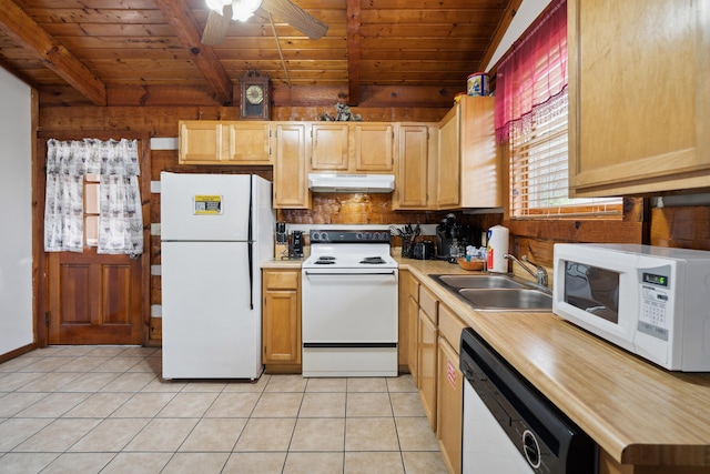 kitchen with light tile patterned floors, white appliances, under cabinet range hood, a sink, and wood ceiling
