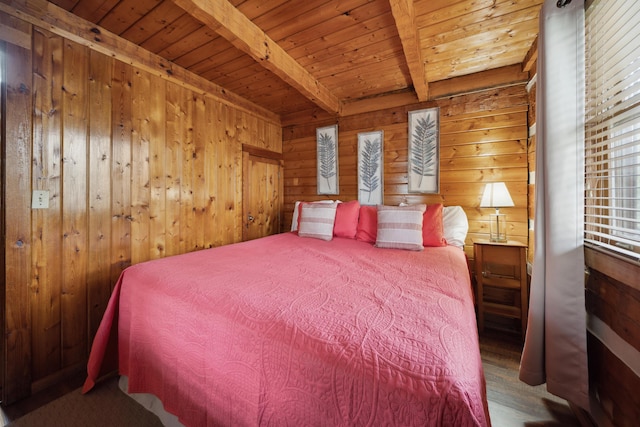 bedroom with wooden ceiling, wood walls, and beamed ceiling