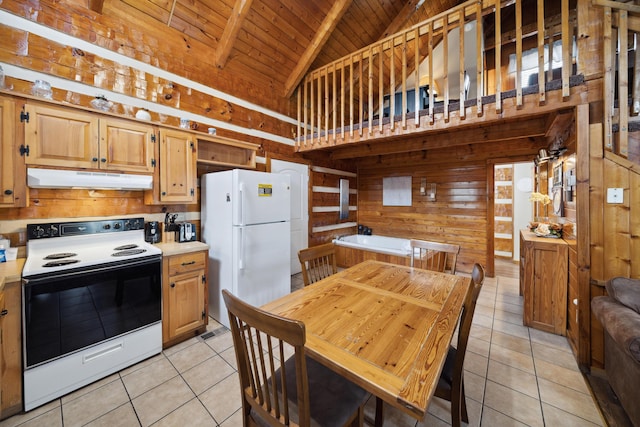 kitchen featuring wood walls, wooden ceiling, under cabinet range hood, electric range oven, and freestanding refrigerator