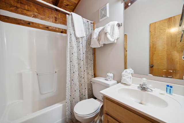 bathroom with shower / bath combination with curtain, visible vents, toilet, and vanity
