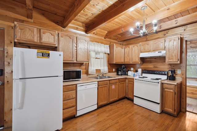 kitchen with wooden ceiling, a sink, a chandelier, under cabinet range hood, and white appliances