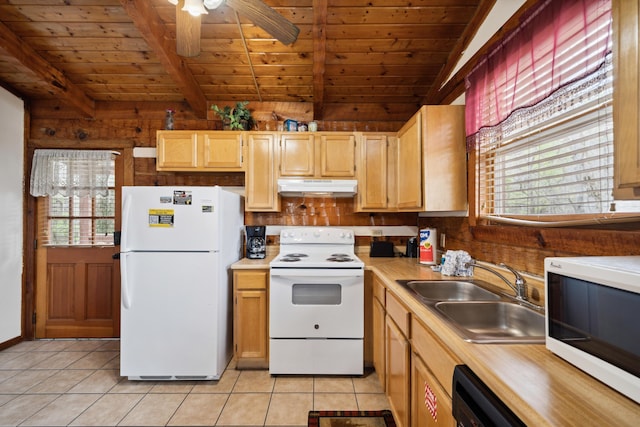 kitchen with under cabinet range hood, a sink, light tile patterned floors, and white appliances