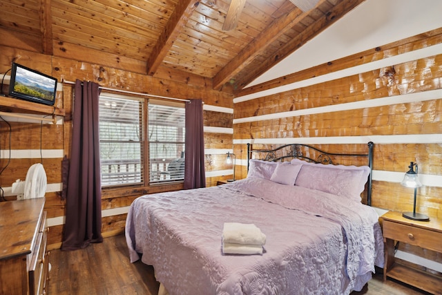 bedroom featuring vaulted ceiling with beams, wood finished floors, wood ceiling, and wood walls
