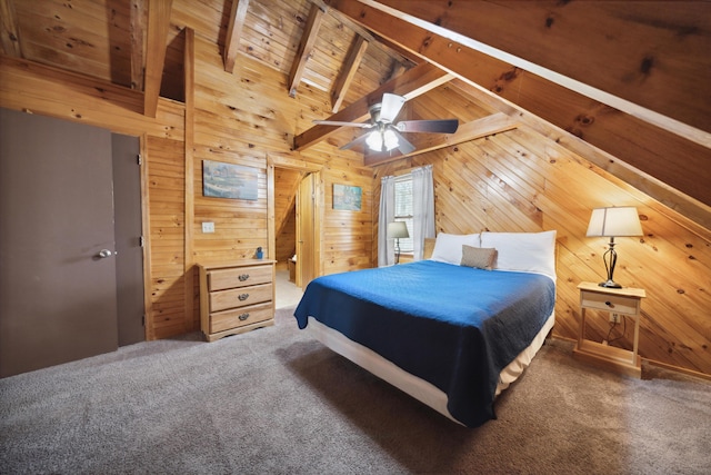bedroom with vaulted ceiling with beams, wooden ceiling, wood walls, and carpet
