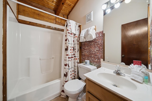 bathroom featuring toilet, wood ceiling, vanity, shower / bathtub combination with curtain, and visible vents
