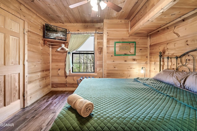 unfurnished bedroom featuring wood ceiling, wooden walls, and wood-type flooring