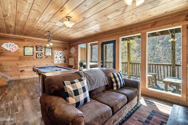 recreation room featuring hardwood / wood-style floors, pool table, wooden walls, and wooden ceiling