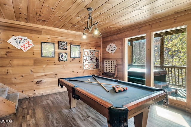 recreation room featuring wood ceiling, billiards, hardwood / wood-style floors, and wood walls