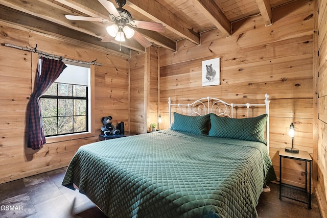 bedroom featuring wood ceiling, beam ceiling, ceiling fan, and wood walls