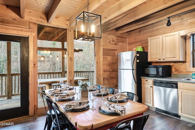 dining area with wood walls, wooden ceiling, dark hardwood / wood-style floors, a notable chandelier, and beamed ceiling