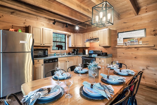 kitchen featuring sink, wood ceiling, decorative light fixtures, beamed ceiling, and stainless steel appliances