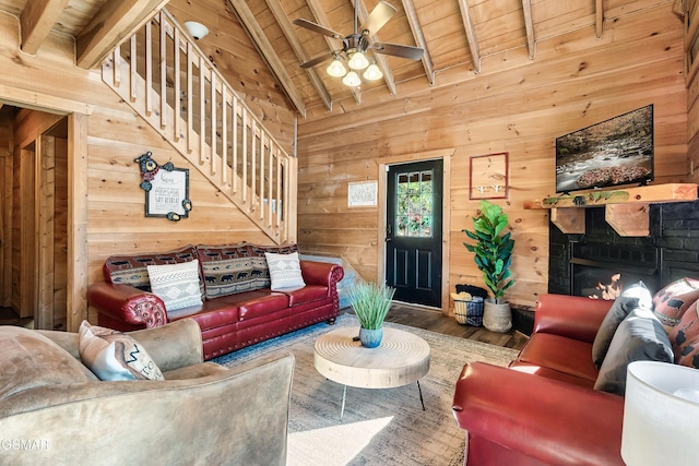 living room with wood ceiling, wooden walls, and beamed ceiling