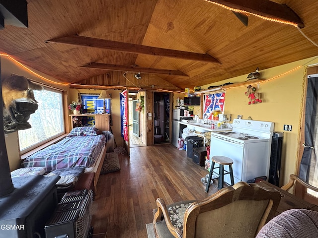 living room featuring lofted ceiling with beams, wood ceiling, washer / clothes dryer, and hardwood / wood-style flooring