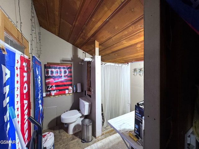 full bath featuring wooden ceiling, toilet, and a shower with shower curtain