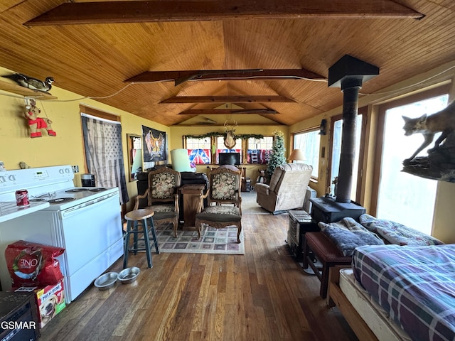 living area with wood-type flooring, lofted ceiling with beams, wood ceiling, and a wood stove