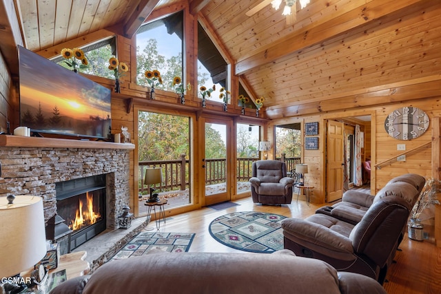 living room with light wood-type flooring, high vaulted ceiling, wooden ceiling, and wood walls