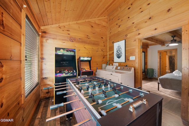3955 Millers Ridge Way, Sevierville, TN 37862 - rec room with wooden ceiling, washer and clothes dryer, wood walls, wood finished floors, and a ceiling fan