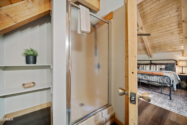 3955 Millers Ridge Way, Sevierville, TN 37862 - full bathroom featuring a wood ceiling with exposed beams, wood finished floors, and a stall shower