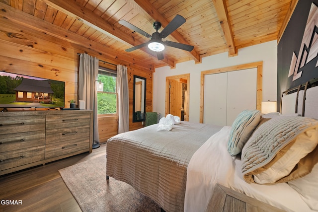 3955 Millers Ridge Way, Sevierville, TN 37862 - bedroom featuring a wood ceiling with exposed beams, wood finished floors, a closet, and ceiling fan