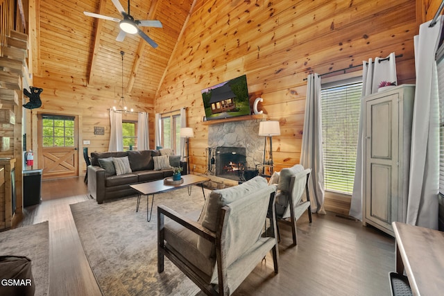 3955 Millers Ridge Way, Sevierville, TN 37862 - living area featuring high vaulted ceiling, a fireplace, wooden walls, wood finished floors, and ceiling fan