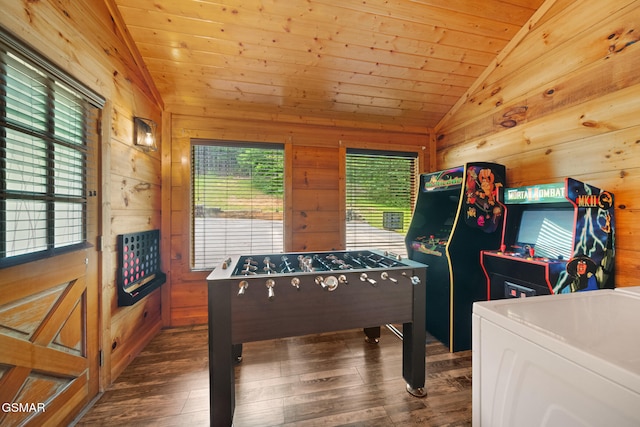 3955 Millers Ridge Way, Sevierville, TN 37862 - game room with lofted ceiling, dark wood-type flooring, washer / dryer, wood walls, and wood ceiling