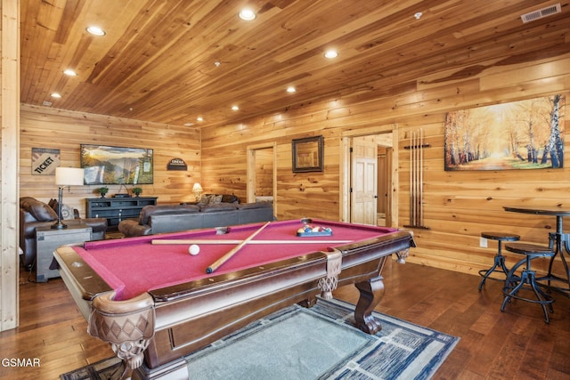 game room with visible vents, hardwood / wood-style flooring, recessed lighting, wood walls, and wood ceiling