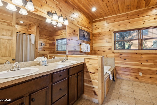 bathroom featuring tile patterned flooring, wooden ceiling, double vanity, and a sink