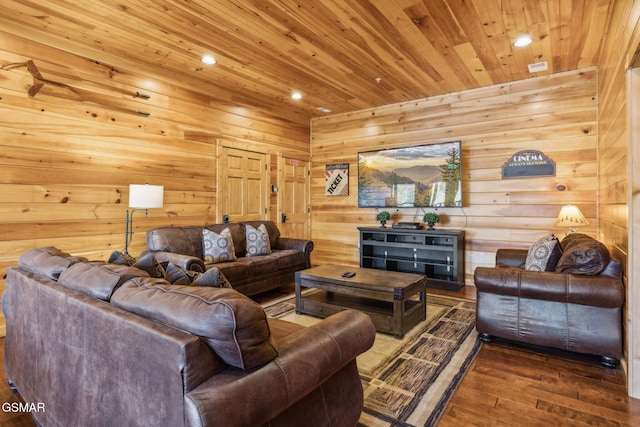 living room with wooden ceiling, recessed lighting, and wood finished floors