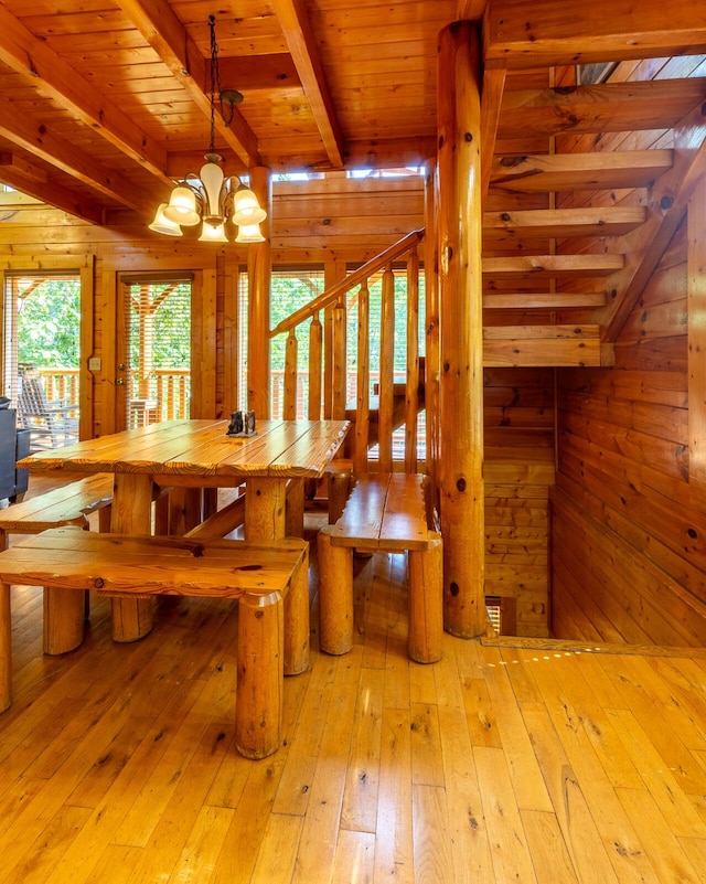 dining room featuring beam ceiling, wooden ceiling, a chandelier, light hardwood / wood-style floors, and wooden walls