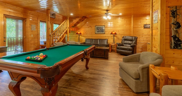 playroom featuring hardwood / wood-style floors, pool table, ceiling fan, and wood ceiling