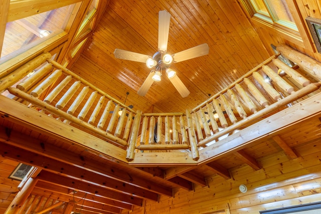 room details featuring ceiling fan, beam ceiling, and wood ceiling