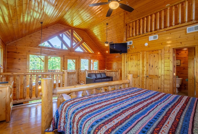 bedroom featuring hardwood / wood-style floors, high vaulted ceiling, ensuite bathroom, wooden walls, and wood ceiling