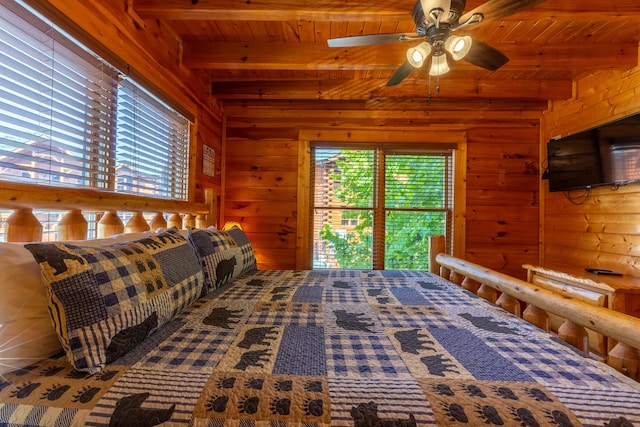 bedroom featuring ceiling fan, log walls, wooden ceiling, beamed ceiling, and wood walls