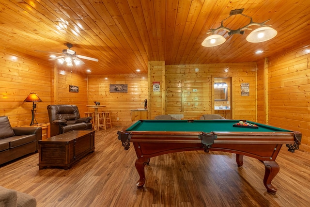 rec room with hardwood / wood-style floors, ceiling fan, wooden ceiling, and pool table