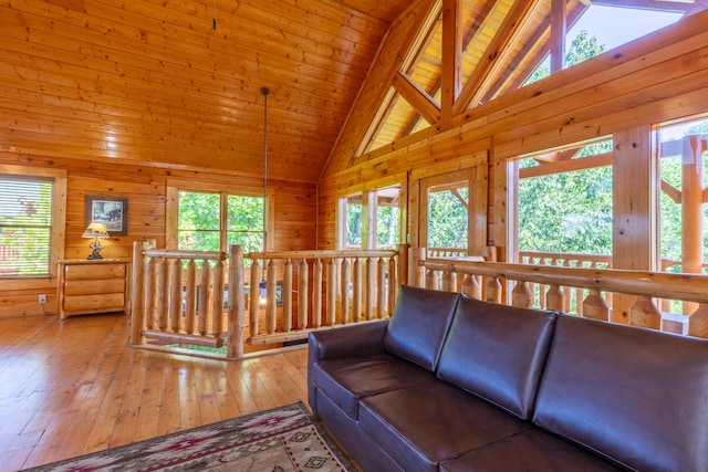 living room featuring high vaulted ceiling, wooden ceiling, beamed ceiling, hardwood / wood-style floors, and wood walls