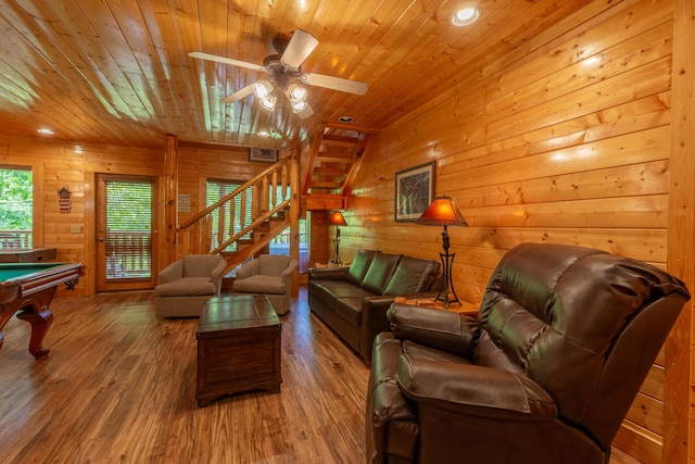 living room featuring hardwood / wood-style floors, ceiling fan, wood ceiling, and pool table