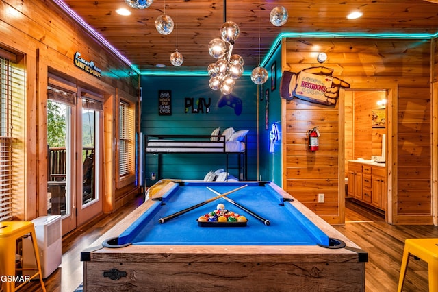 recreation room featuring wood finished floors, log walls, recessed lighting, pool table, and wooden ceiling