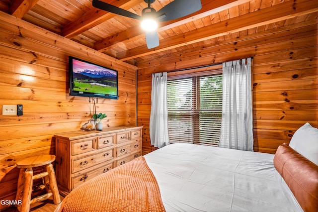 bedroom featuring beam ceiling, wood walls, wood ceiling, and a ceiling fan