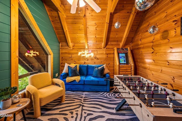 living room featuring wooden walls, carpet, lofted ceiling with beams, ceiling fan, and wood ceiling