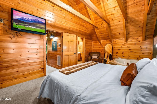 bedroom featuring wooden walls, carpet, visible vents, lofted ceiling with beams, and wooden ceiling