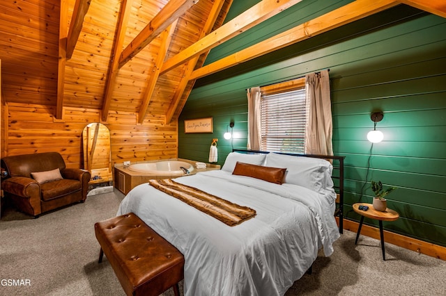 bedroom with lofted ceiling with beams, carpet floors, wood ceiling, and wood walls