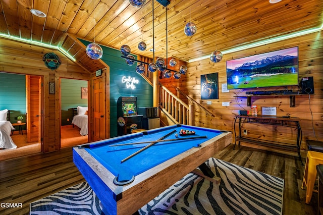 recreation room with wood-type flooring, wood ceiling, wood walls, and pool table