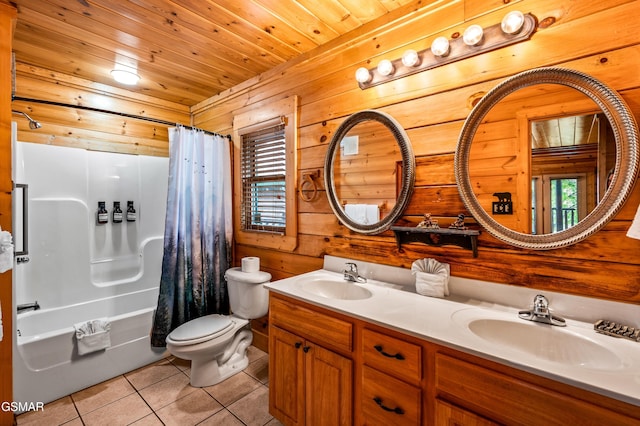 full bath with tile patterned floors, wooden walls, wooden ceiling, and a sink