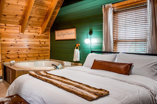 bedroom with wooden ceiling, lofted ceiling with beams, and wood walls