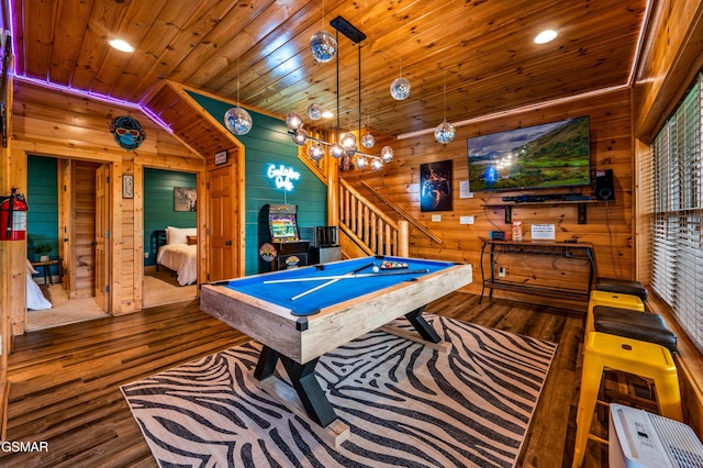 rec room with pool table, wood finished floors, wooden walls, and wood ceiling