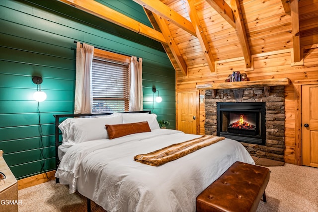 carpeted bedroom with a stone fireplace, wood walls, wood ceiling, and lofted ceiling with beams